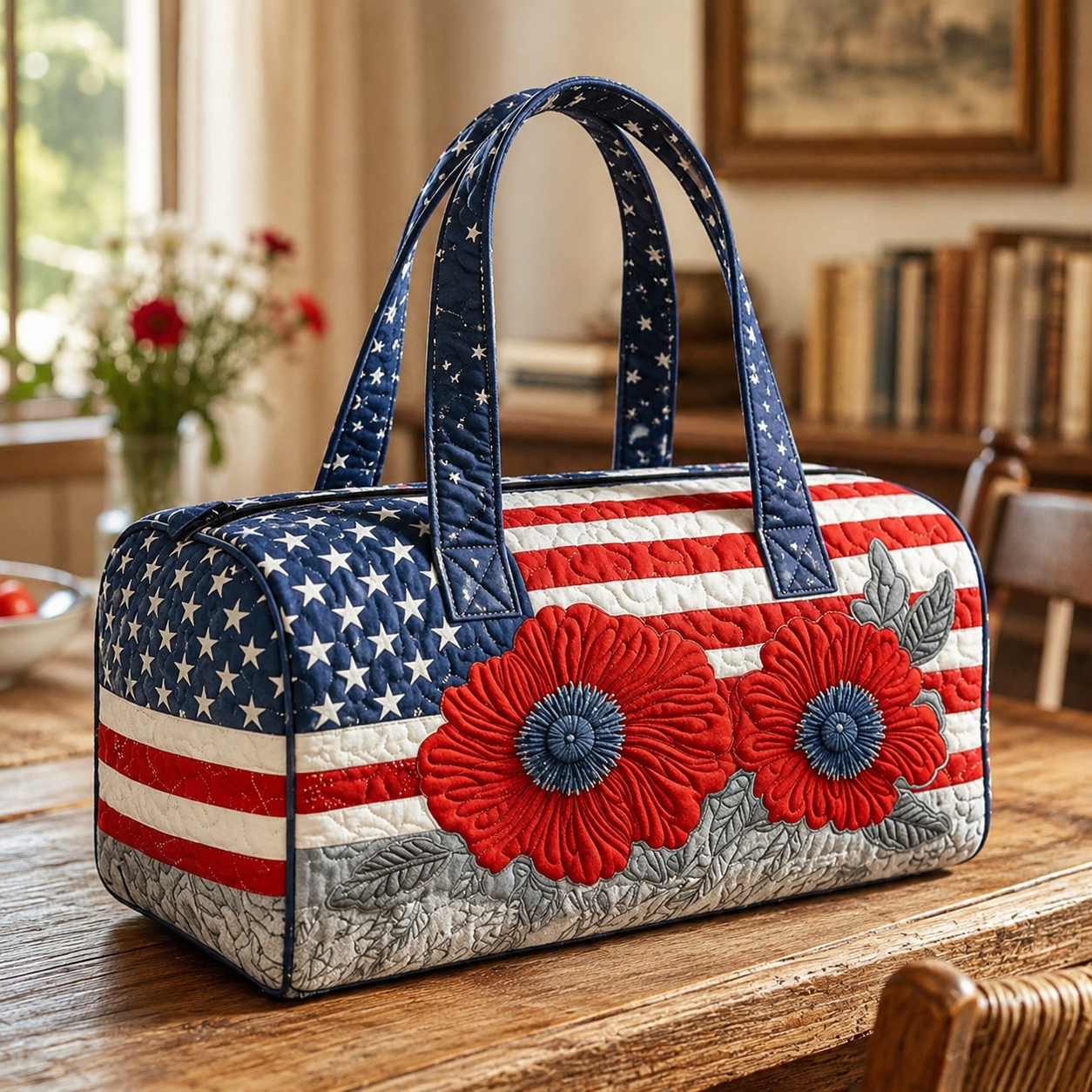 Patriotic Quilted Tote Bag | 3D Floral American Flag Travel Duffel