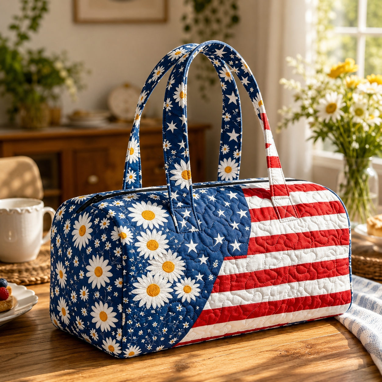 Patriotic Quilted Tote Bag | 3D Floral American Flag Travel Duffel