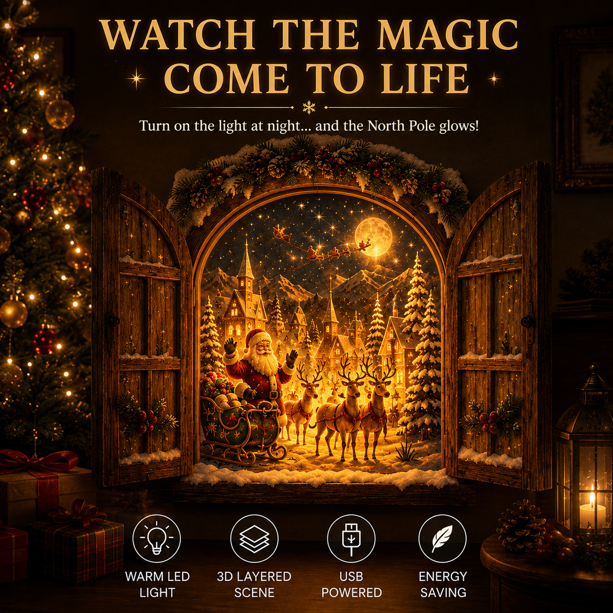 🎅 ✨Santa’s Secret Window Light – 3D Lighted North Pole Christmas Wall Decor