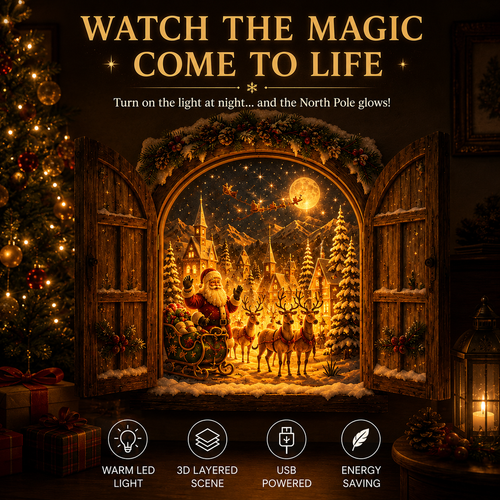 🎅 ✨Santa’s Secret Window Light – 3D Lighted North Pole Christmas Wall Decor