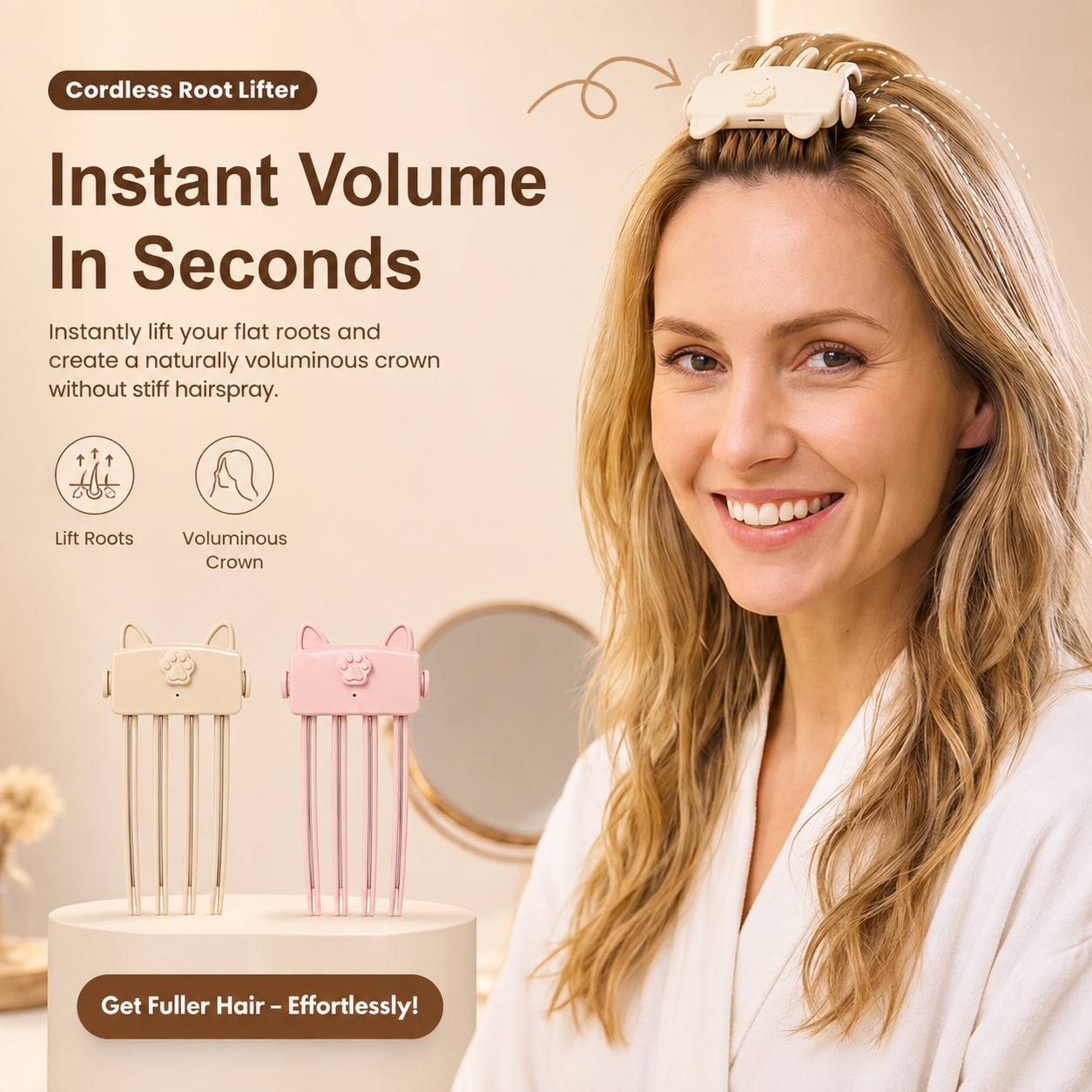 🏅50K+ Sold 💃Wireless Heated Volumizing Root Lift Clip - Salon Crown Volume Styling Tool for Fine Flat Hair