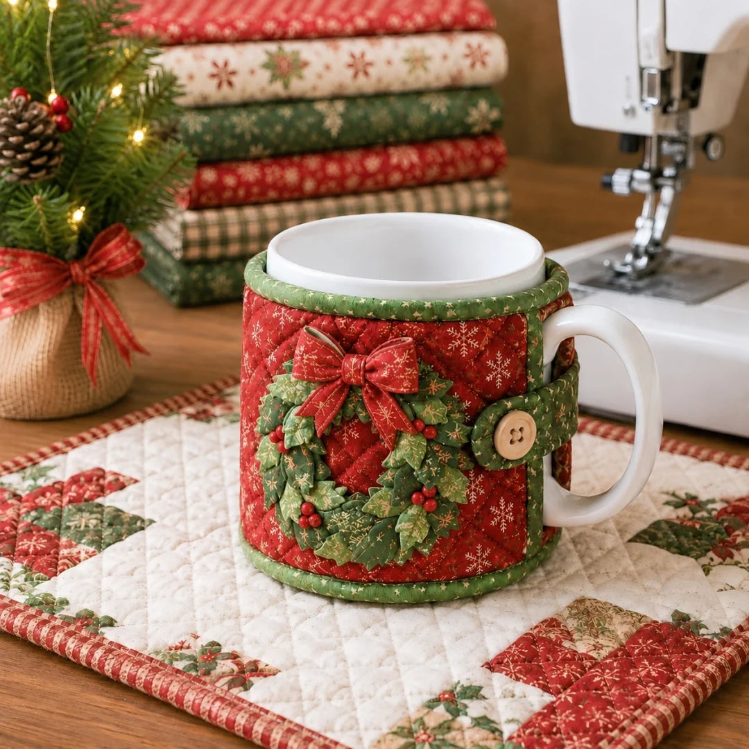 ✈️Last Day 50% OFF%🎄🧵Christmas Quilted Mug Cozy Sewing Kit - Cozy Holiday DIY Craft Set with 9 Festive Designs & Premium Fabric Materials