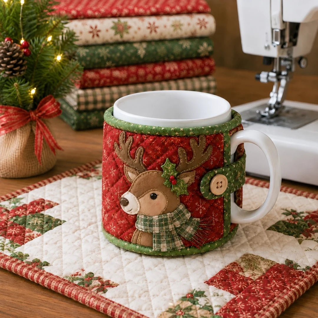 ✈️Last Day 50% OFF%🎄🧵Christmas Quilted Mug Cozy Sewing Kit - Cozy Holiday DIY Craft Set with 9 Festive Designs & Premium Fabric Materials