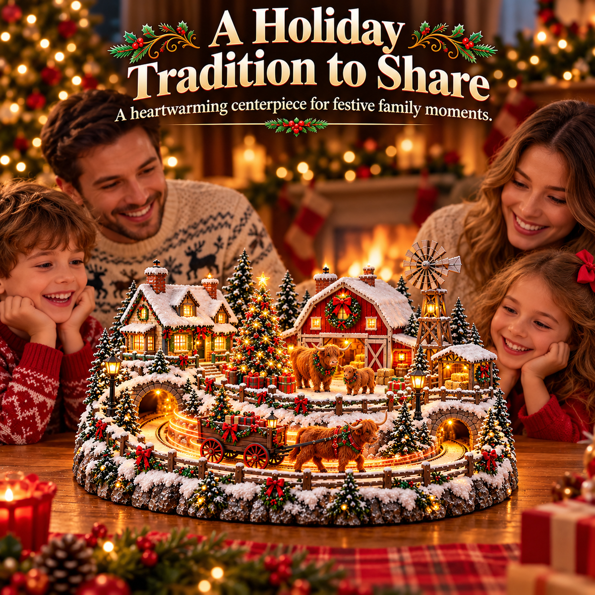 🐴🎄Lighted Christmas Farm Village – Horse Stable & Highland Cow Holiday Scene