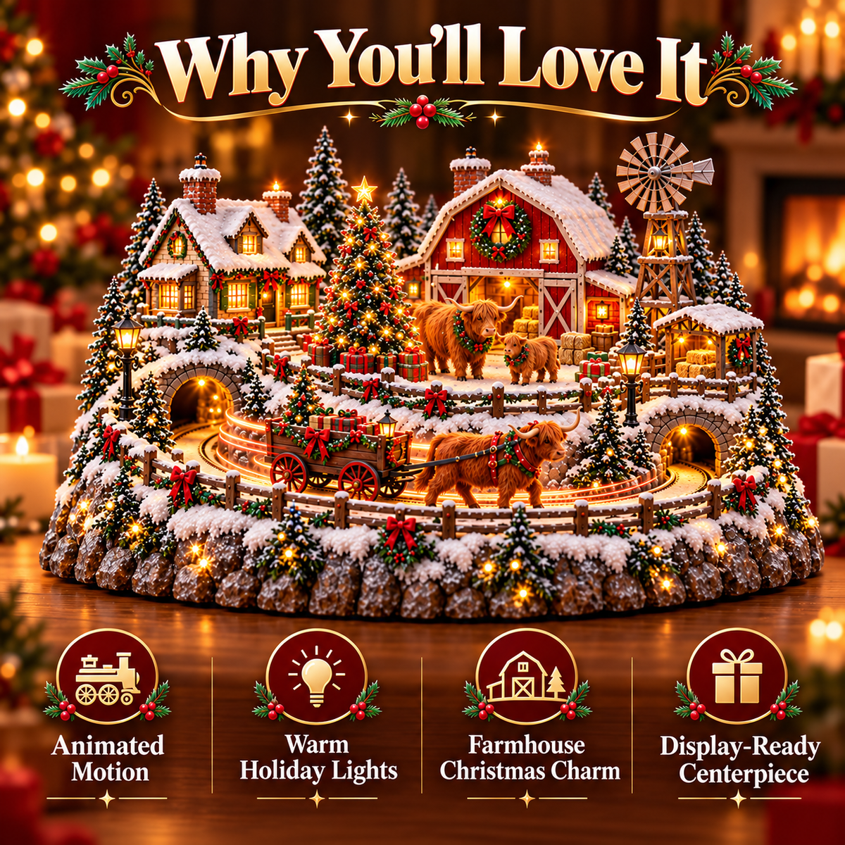 🐴🎄Lighted Christmas Farm Village – Horse Stable & Highland Cow Holiday Scene