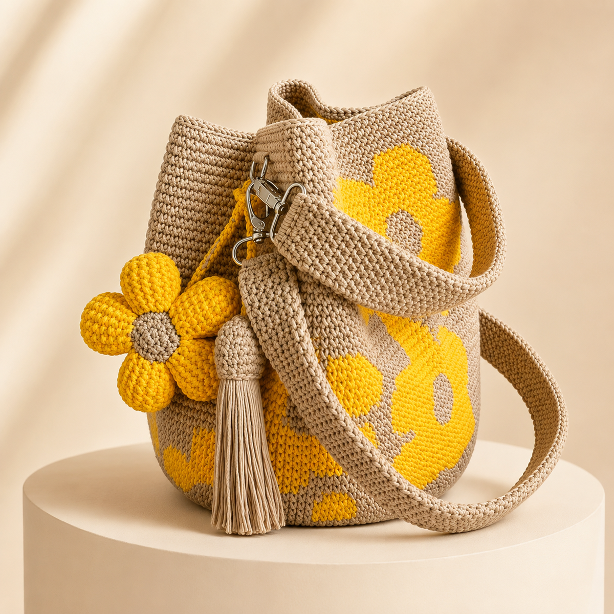 Yellow floral woven bucket handbag detail