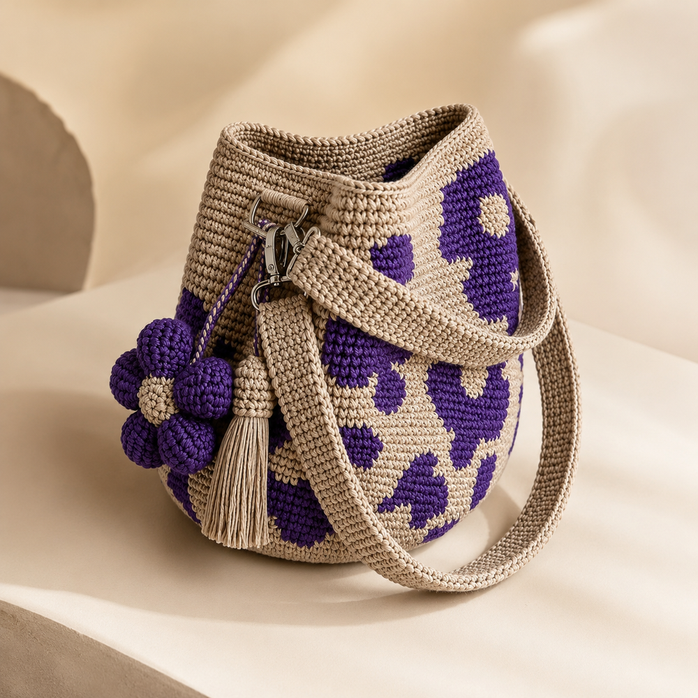Purple flower handwoven bucket bag