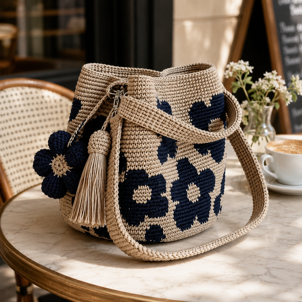 Floral woven bag on cafe table