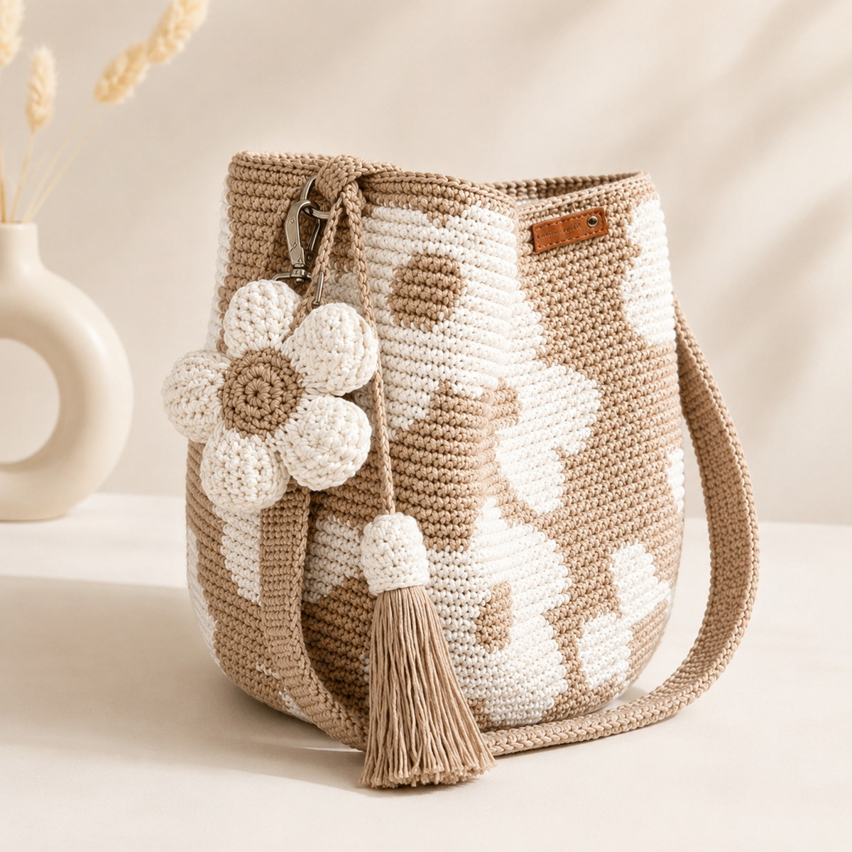 Neutral floral handwoven bucket bag