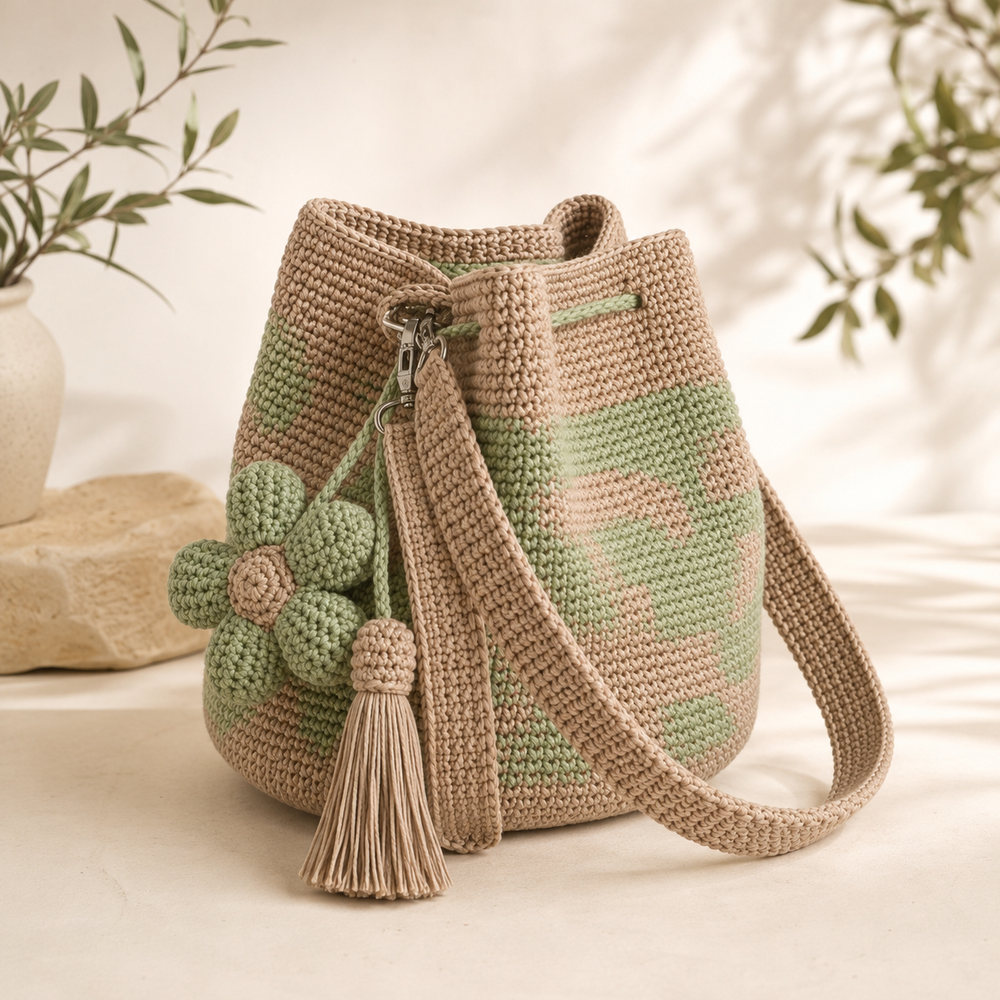 Green floral woven bucket bag