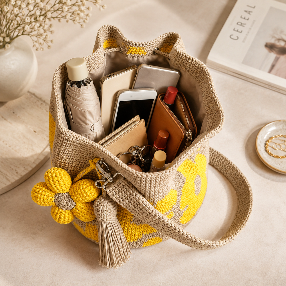 Open handwoven flower bag with essentials