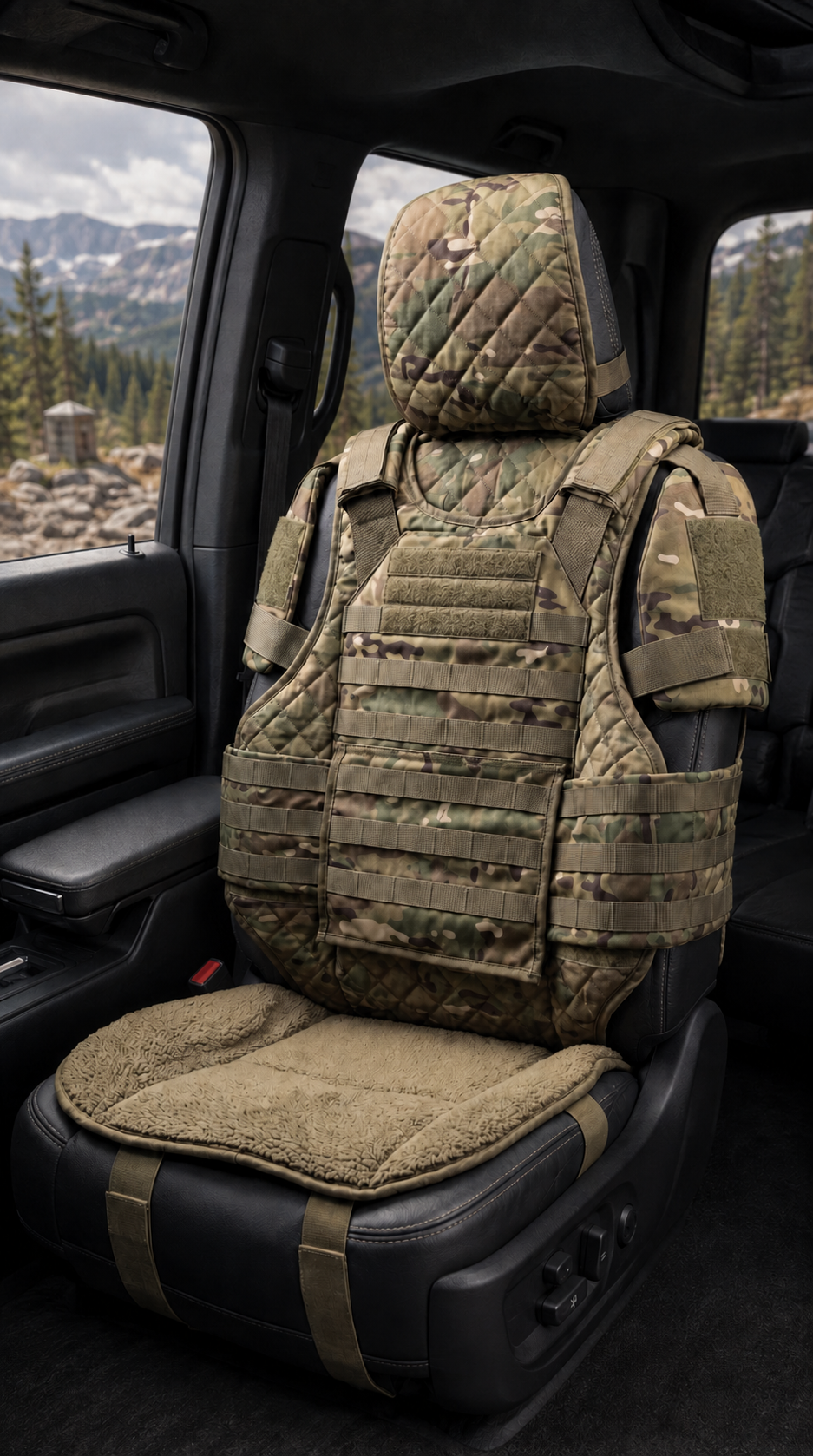 Rugged camo seat cover with cushioned seating area