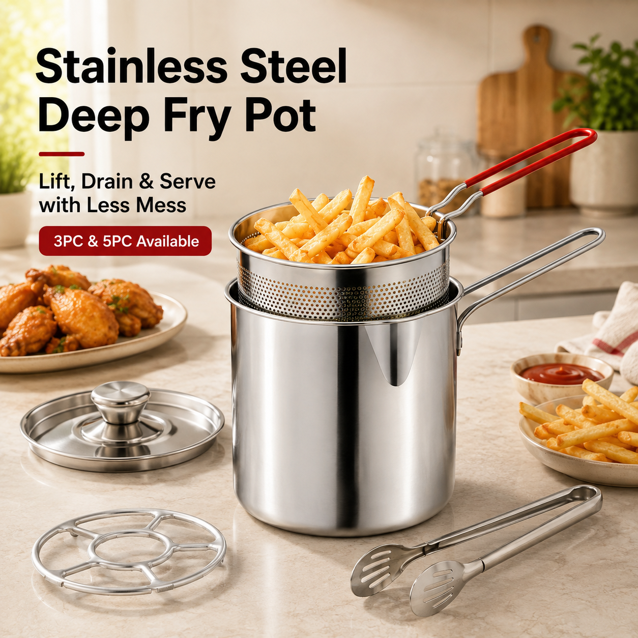 🌎Ends Today: 70% OFF!🔥2026🔥🍟 Personal Mini Deep Fryer Set – Stainless Steel Pot with Lift-Out Draining Basket & Food Tongs