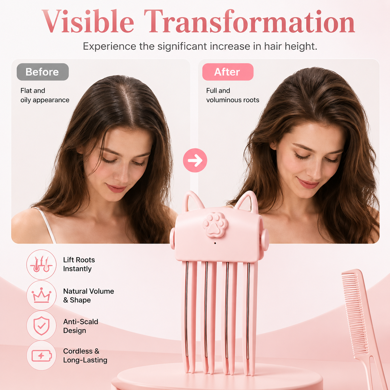 🏅50K+ Sold 💃Wireless Heated Volumizing Root Lift Clip - Salon Crown Volume Styling Tool for Fine Flat Hair