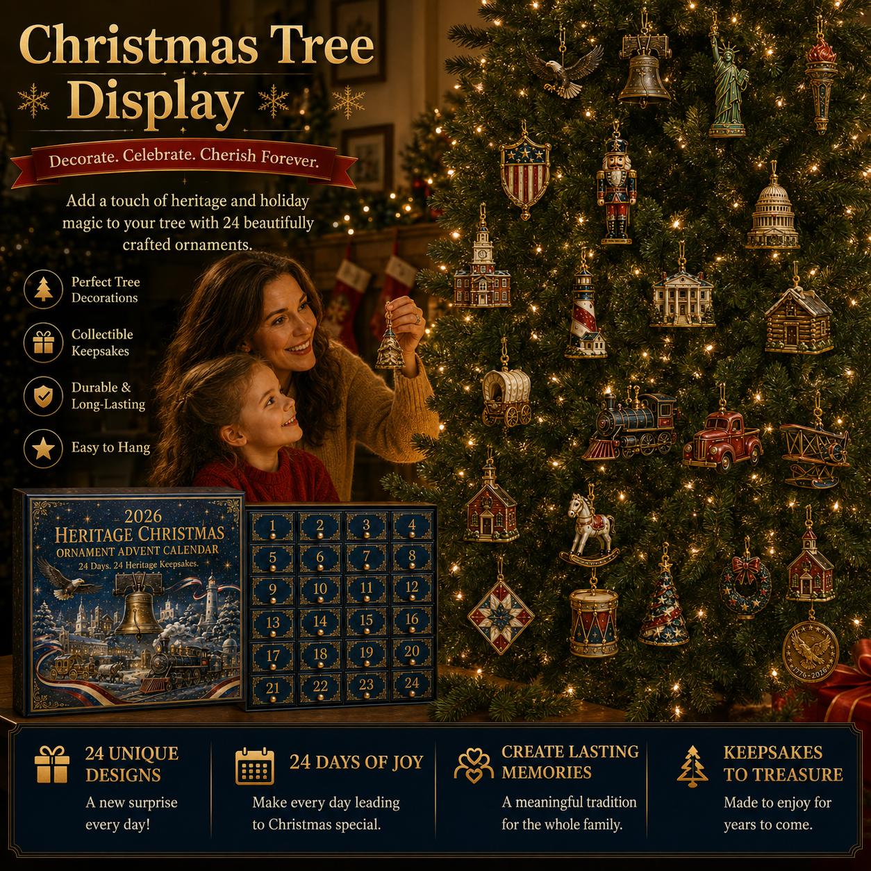 Heritage Christmas keepsakes displayed on a Christmas tree