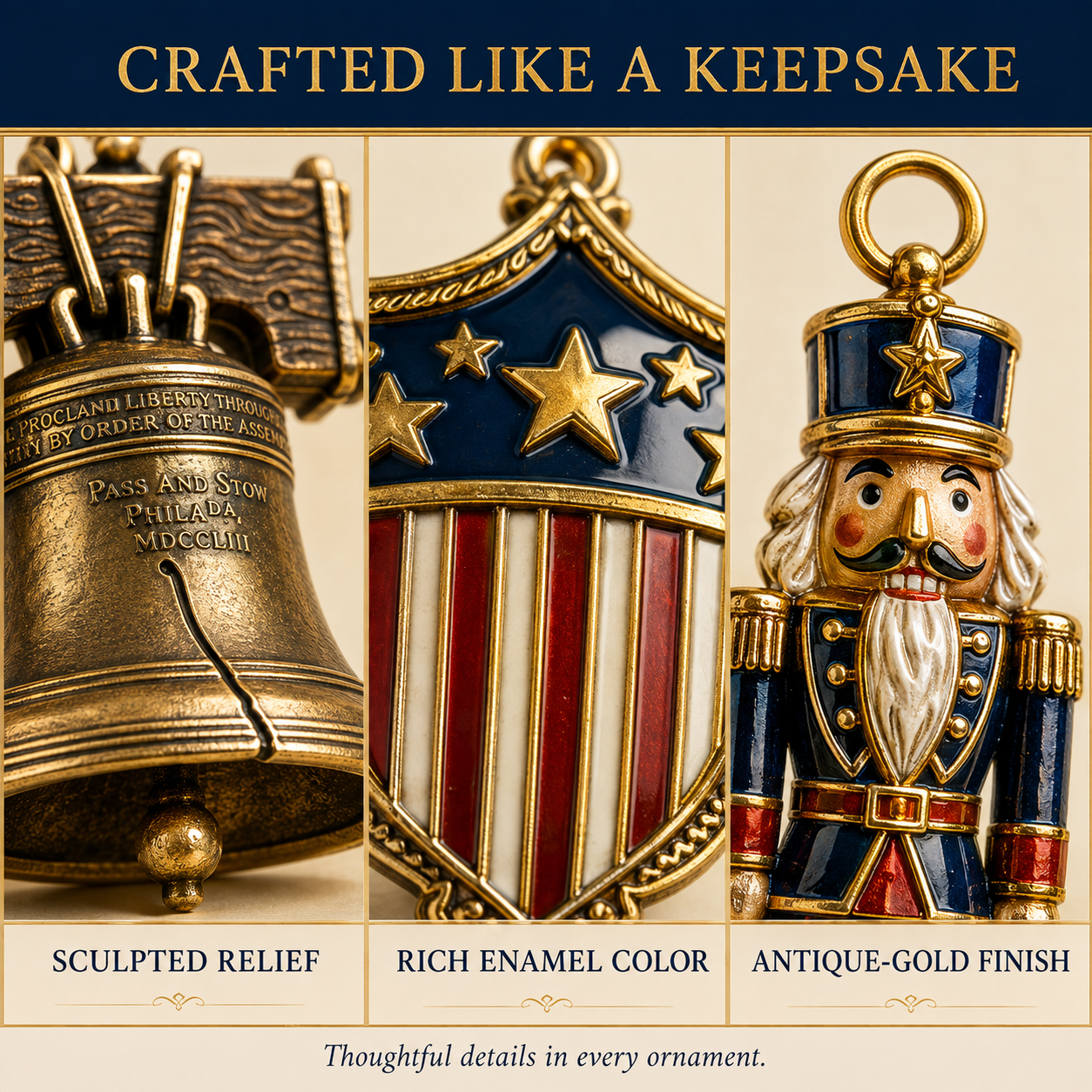 Close-up details of the Heritage Christmas ornaments