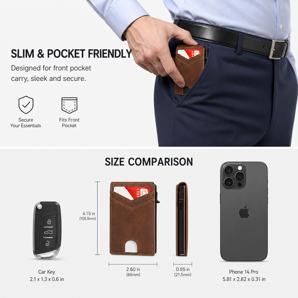 Slim RFID Wallet for Men – Pop-Up Card Holder with Money Clip & Dual ID Windows
