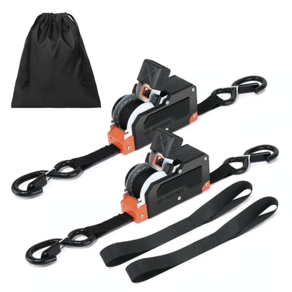 Dual-End Retractable Ratchet Straps, Black Nylon, 1 Inches x 16 Feet, 1500lb Capacity, Steel S-Hook with Clip for Motorcycles, Kayaks, Boats, ATVs