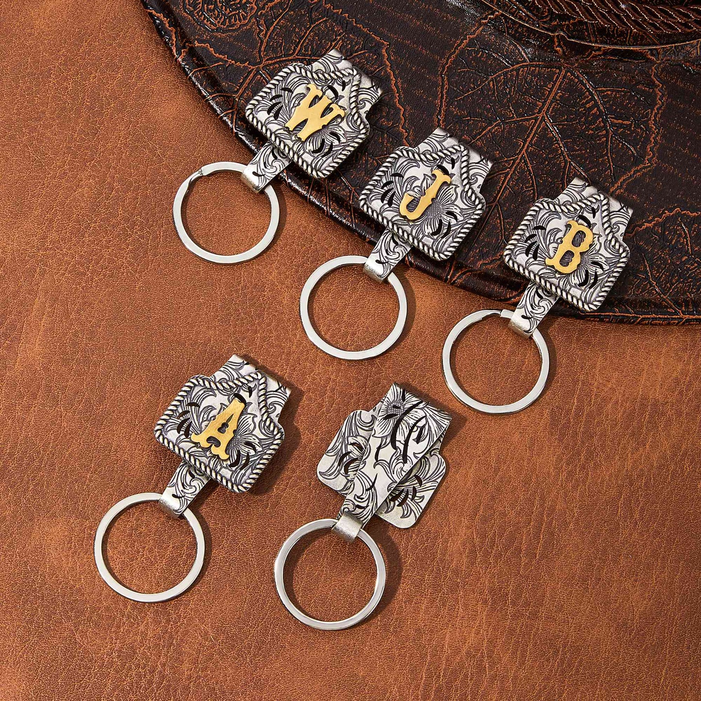 Vintage Brass Initial Cow Tag Keychain