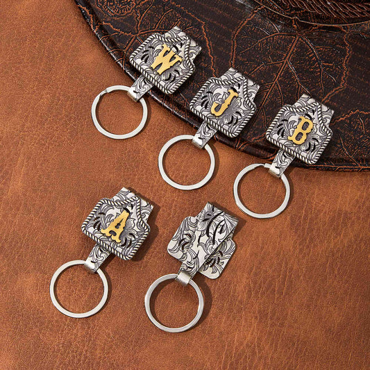 Vintage Brass Initial Cow Tag Keychain