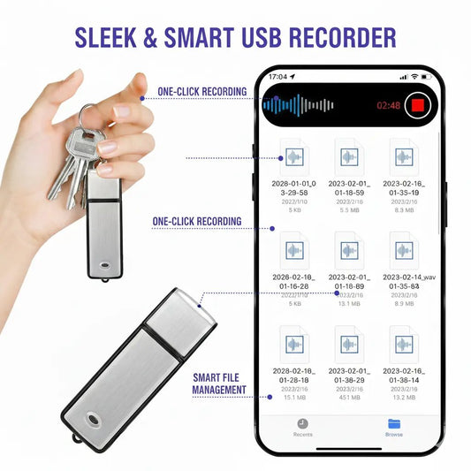 USB Flash Drive Voice Recorder 2-in-1 – Voice Activated, Smart Noise Reduction, Scheduled Recording, Auto File Save