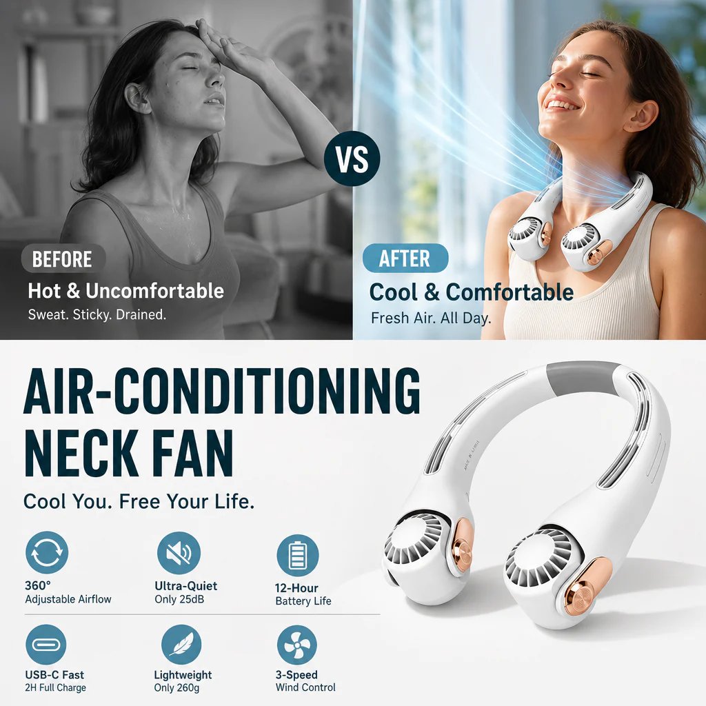 🥳2026 HOT SALE🥳💞50K+ SOLD!🍃 Neck Air Conditioner Fan – Ultra‐quiet, 360° rotating, 3 speeds. Hands‐free cooling, long battery. Summer essential! 😎🌬️
