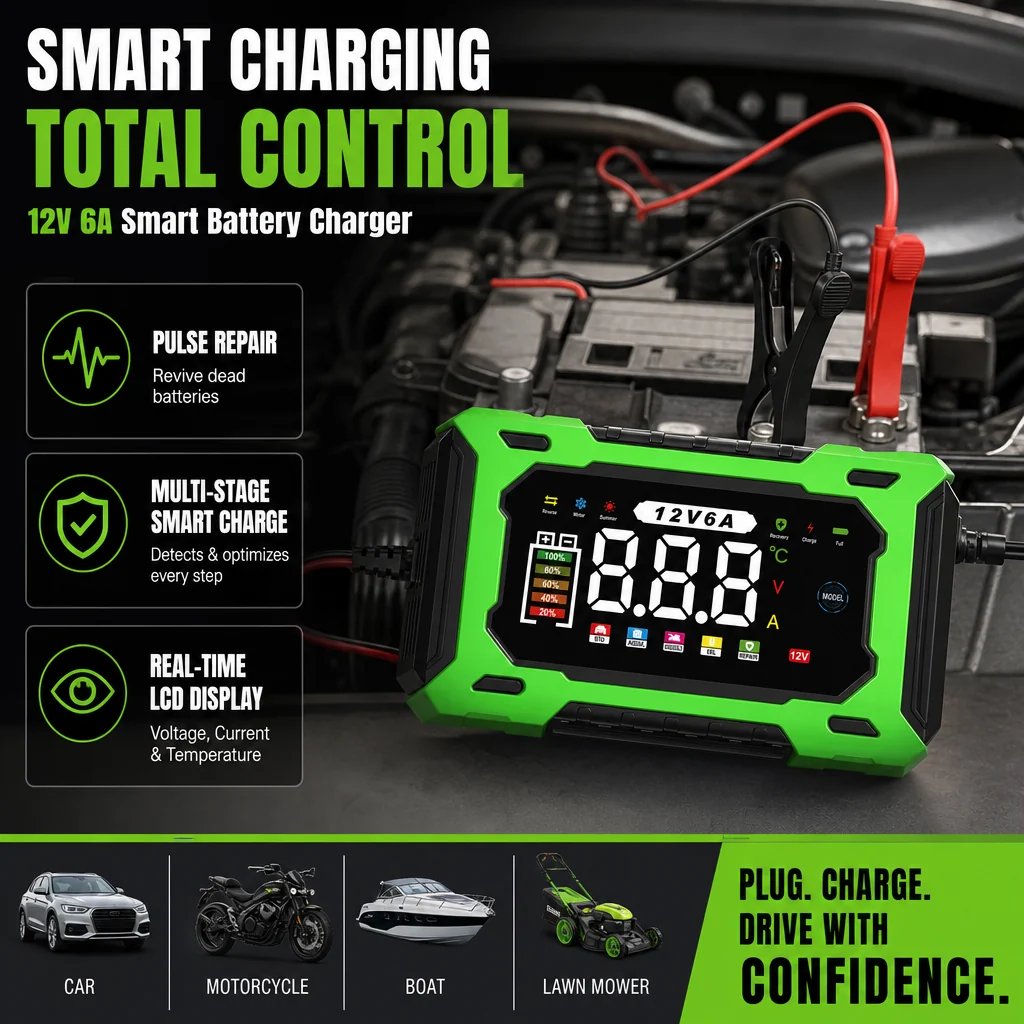 🔥⚡ 12V 6A Automatic Battery Maintainer & Pulse Repairer—For Cars, Motorcycles & SUVs, Auto Maintain & Desulfation