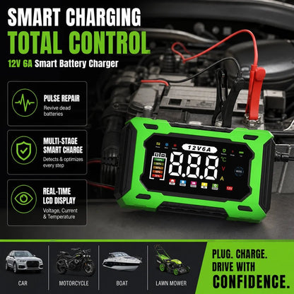 🔥⚡ 12V 6A Automatic Battery Maintainer & Pulse Repairer—For Cars, Motorcycles & SUVs, Auto Maintain & Desulfation