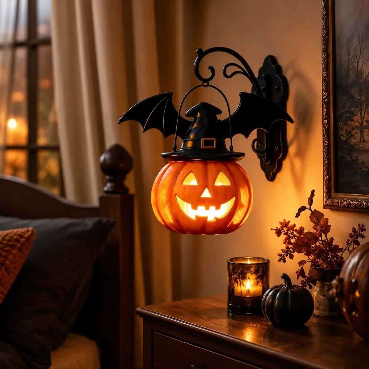 🔥50% OFF 🎃🦇 Bat Hat Pumpkin Wall Lamp – Halloween Decor
