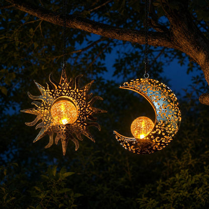 Celestial Glow Solar Sun & Moon Hanging Garden Lanterns