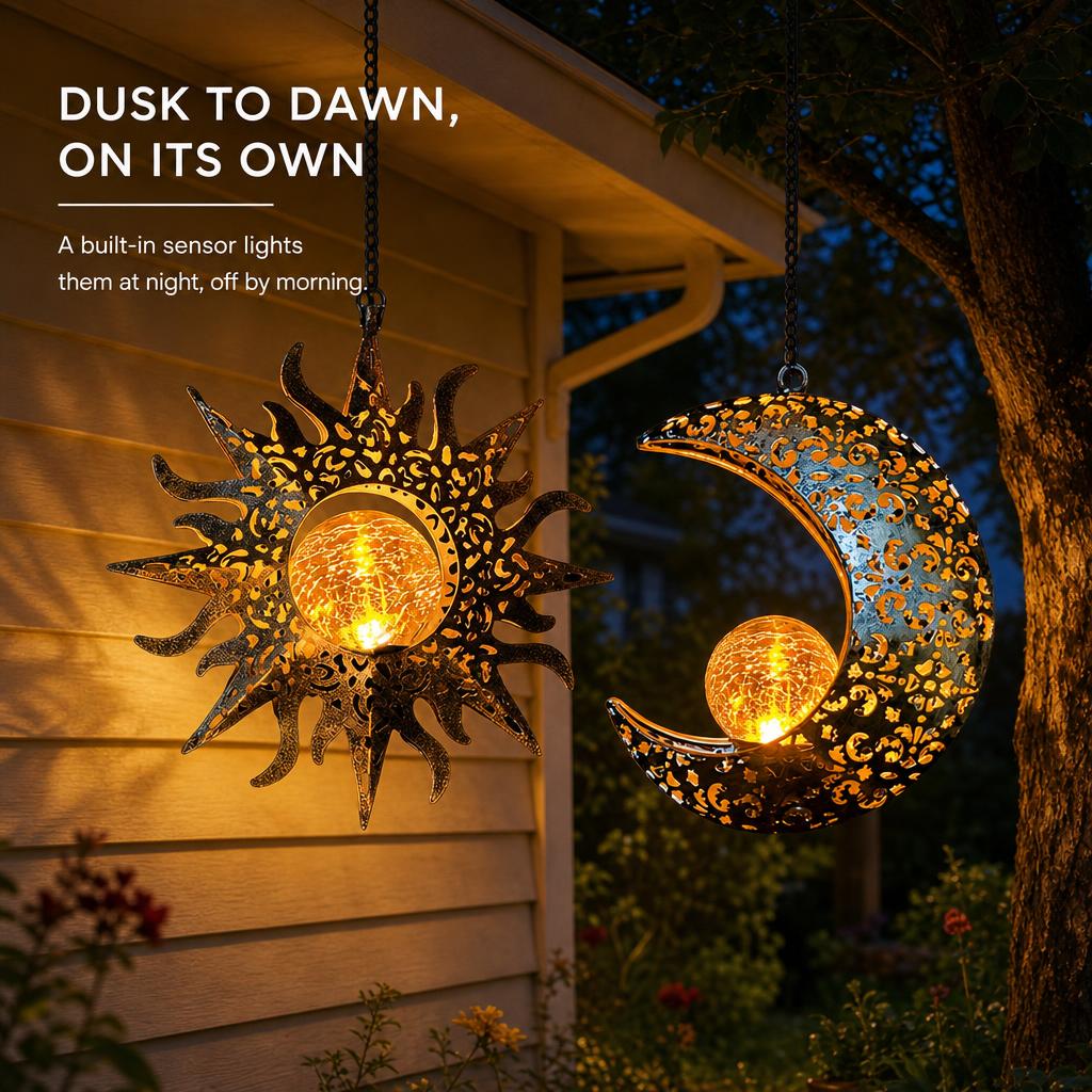 Celestial Glow Solar Sun & Moon Hanging Garden Lanterns