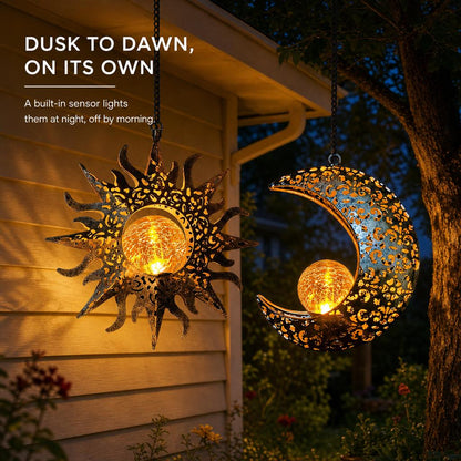 Celestial Glow Solar Sun & Moon Hanging Garden Lanterns