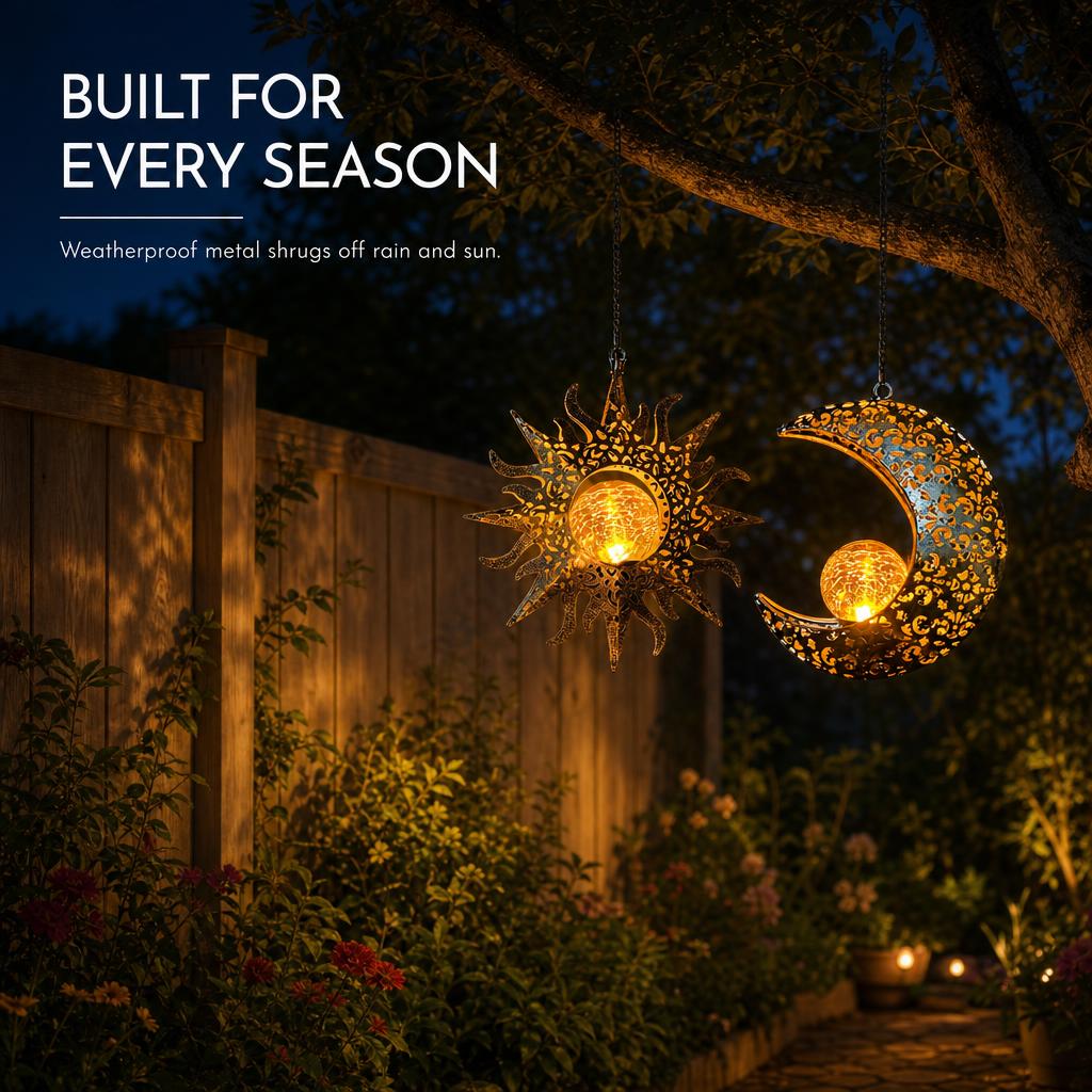 Celestial Glow Solar Sun & Moon Hanging Garden Lanterns