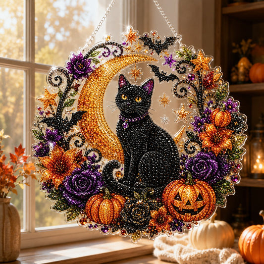🔥Last Day 50% OFF-🎃Halloween Black Cat Moon Diamond Art Hanging Ornament Kit