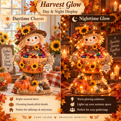 🎃🍂 Harvest Glow – Light-Up Scarecrow Candy Bowl | Halloween & Fall Porch Decor