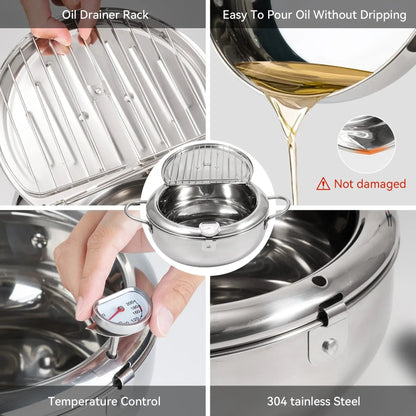 🥗Kitchen Essentials 🍳 304 Stainless Steel Frying Pot with Thermometer and Oil Drip Drainer Rack🎉