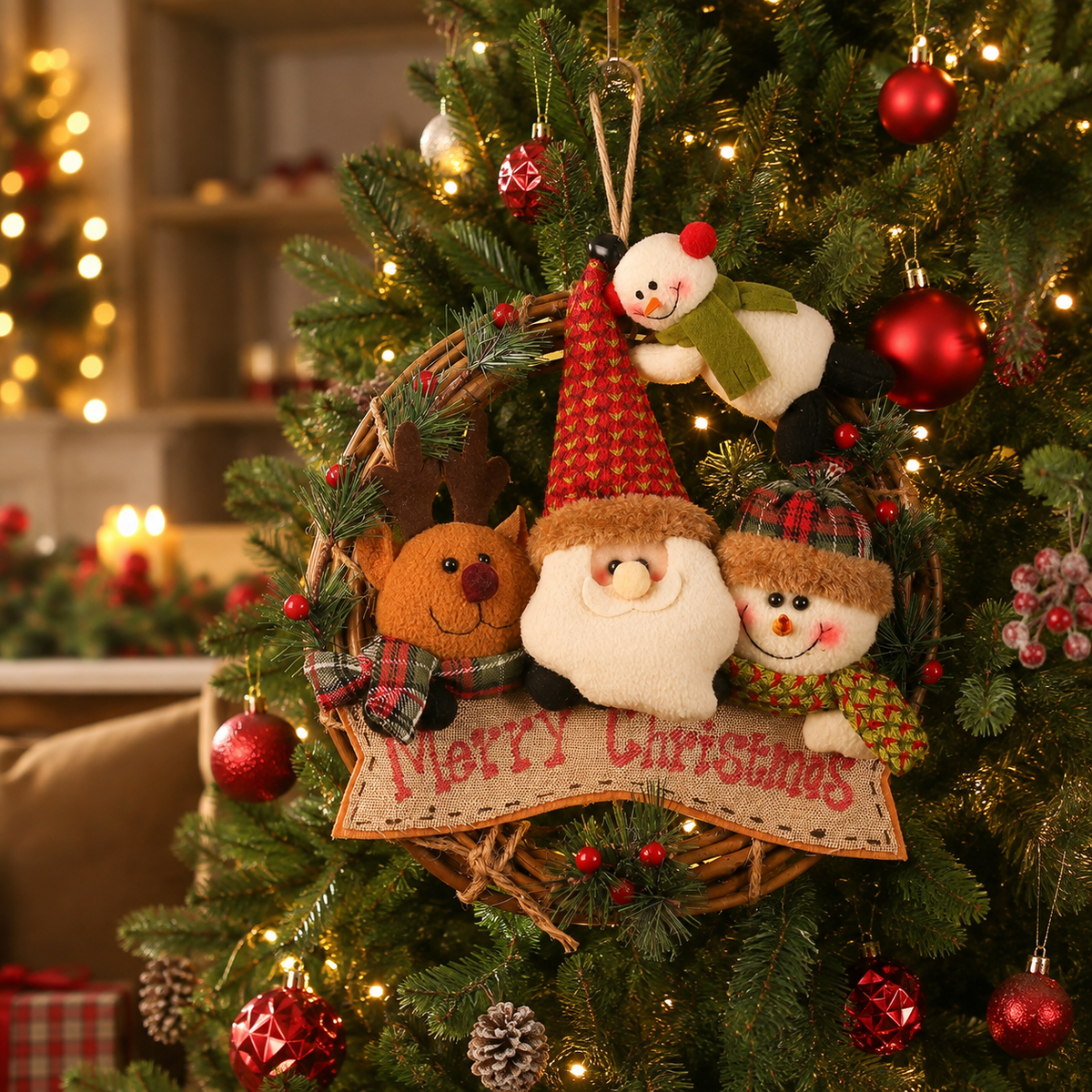 🎄 Plush Christmas Wreath – Santa, Reindeer & Snowman Door Hanging Decor