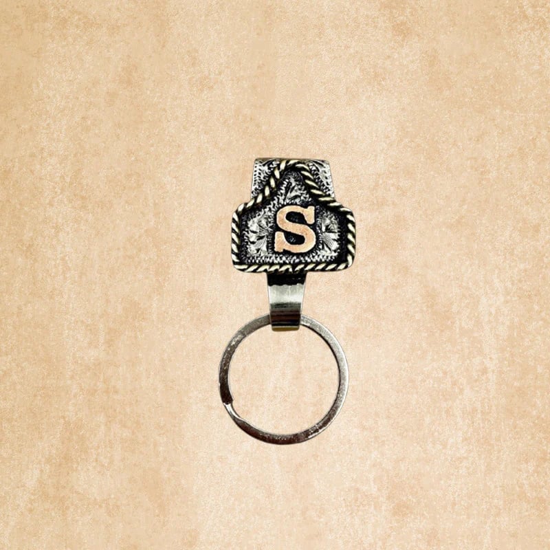 Vintage Brass Initial Cow Tag Keychain