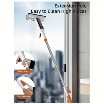 🏅3-in-1 Glass Cleaning Kit with Spray, Wash and Scraper - Great for tall windows, shower doors and car windshields - Durable metal pole, includes silicone scraper