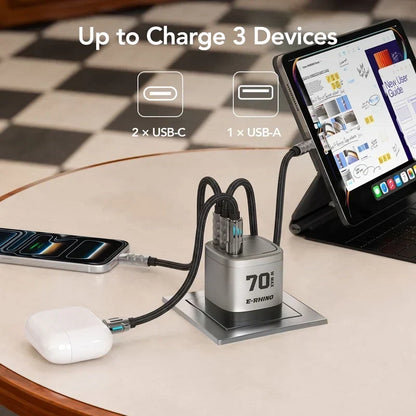 🔋70W GaN Global Travel Charger – 3-Port 4-in-1 Rotary Plug