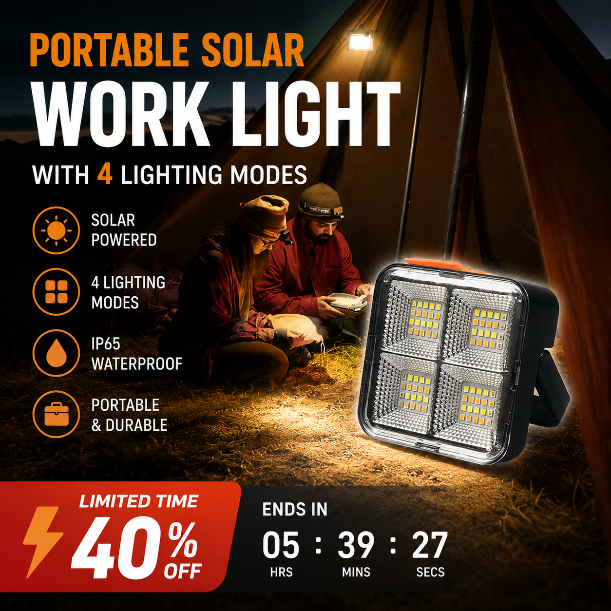 🔥🎁Hot Sale 49% OFF💡Portable Solar Work Light with 4 Lighting Modes